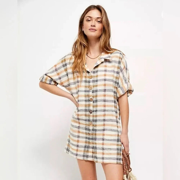 Free People Felicity Plaid Button Front Roll Tab Sleeve Romper Size Small - Picture 1 of 15